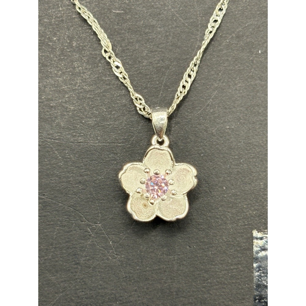 18" EUC Sterling Silver Pink Cubic Zirconia Plumeria Pendant Necklace 925 H14